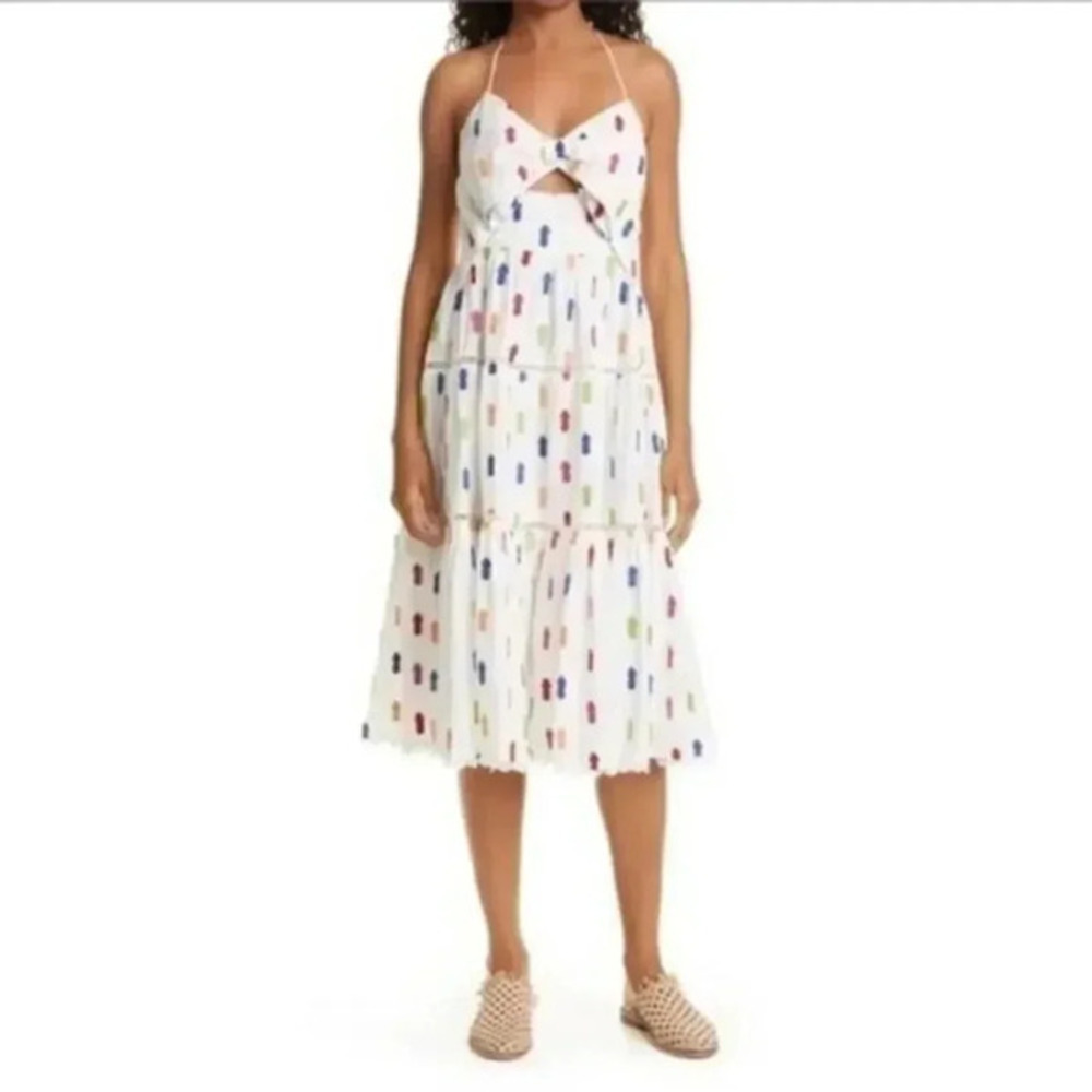 FARM RIO Pineapple Appliqué Keyhole Bodice Cotton Midi Dress B902